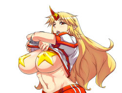 Rule 34 | 1girl, abs, blonde hair, breasts, clothes lift, covered erect nipples, crossed arms, female focus, horns, hoshiguma yuugi, huge breasts, large breasts, long hair, navel, nipples, numahana, open mouth, pasties, red eyes, shirt lift, single horn, solo, star pasties, touhou, undressing, upper body, very long hair