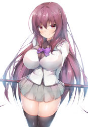 Rule 34 | 1girl, black skirt, blush, breasts, commentary request, fate/grand order, fate (series), gae bolg (fate), highres, large breasts, long hair, long sleeves, looking at viewer, pleated skirt, polearm, purple hair, red eyes, scathach (fate), scathach (fate), school uniform, skirt, smile, spear, thighhighs, twiska (doubitian), weapon