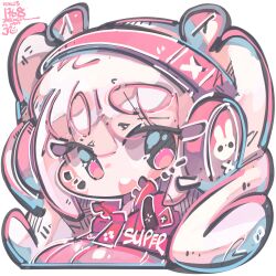 Rule 34 | 1girl, :d, absurdres, alice (nikke), animal ear headphones, animal ears, bodysuit, breasts, chibi, cropped jacket, dated, fake animal ears, goddess of victory: nikke, headphones, headset, highres, jacket, jrpencil, large breasts, long hair, open mouth, pink bodysuit, pink eyes, pink jacket, signature, smile, solo, twintails, white background, white hair