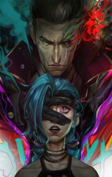 Rule 34 | 1boy, 1girl, arcane: league of legends, arcane jinx, artist name, bare shoulders, black gloves, black hair, blue eyes, blue hair, collar, colored smoke, cuff links, father and daughter, gloves, hand on another&#039;s face, hand on another&#039;s head, highres, jinx (league of legends), league of legends, lizzart-zardonicz, looking down, looking up, mismatched pupils, mismatched sclera, open mouth, purple eyes, red eyes, scar, scar across eye, scar on face, shoulder tattoo, silco (arcane), tattoo