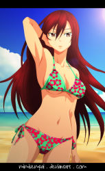Rule 34 | 1girl, absurdres, arm at side, arm up, armpits, arms behind head, artist name, barefoot, beach, bikini, breasts, brown eyes, cleft of venus, clenched hands, collarbone, curvy, day, deviantart username, erza scarlet, eyelashes, fairy tail, feet, female focus, fingernails, floral print, green bikini, hair between eyes, highres, large breasts, legs, long hair, looking at viewer, midriff, navel, neck, ocean, outdoors, parted lips, red hair, serious, shiny skin, side-tie bikini bottom, side bangs, sidelocks, sky, standing, straight hair, summer, sunlight, swimsuit, thighs, third-party edit, toenails, toes, two-tone bikini, underboob, watermark, web address