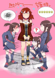 Rule 34 | 10s, 2girls, brown hair, clenched teeth, crossover, dress, embarrassed, closed eyes, female focus, full body, highres, izetta, kagari atsuko, little witch academia, long hair, looking at another, multiple girls, red hair, short hair, shuumatsu no izetta, squatting, standing, tagme, teeth, witch