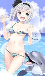 Rule 34 | 1girl, = =, absurdres, alternate costume, arms up, bikini, black hairband, blue sky, blunt bangs, blush, breasts, clear sky, cleavage, collarbone, commentary request, dolphin, eyelashes, fins, flippers, green eyes, hairband, halterneck, highres, hitodama, konpaku youmu, konpaku youmu (ghost), looking at another, looking to the side, medium breasts, navel, ocean, open mouth, sharp teeth, sidelocks, silver hair, sky, solo, standing, stigma1101, stomach, string bikini, striped bikini, striped clothes, sweatdrop, swimsuit, teeth, thighs, tongue, touhou, upper body, wardrobe malfunction, water
