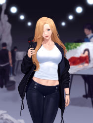 Rule 34 | 1girl, 3boys, abs, blonde hair, blouse, blue eyes, breasts, earrings, hair over one eye, jewelry, large breasts, long hair, looking at viewer, mole, mole under eye, multiple boys, navel, original, shirt, siun, smile, staff, taut clothes, taut shirt, white shirt
