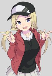 Rule 34 | 1girl, :d, aki poi, baseball cap, black hat, blonde hair, blush, collared shirt, commentary request, grey background, hands up, hat, head tilt, jacket, long hair, low twintails, open clothes, open jacket, open mouth, original, parted bangs, pleated skirt, purple eyes, red jacket, round teeth, shirt, simple background, skirt, smile, solo, sweater vest, teeth, twintails, upper teeth only, very long hair, white shirt, white skirt