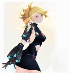 Rule 34 | 1girl, arc the lad, black dress, black skirt, blonde hair, breasts, closed mouth, clothing cutout, cofffee, dress, long hair, looking at viewer, medium breasts, navel cutout, ponytail, protected link, sideboob, simple background, skirt, solo, white background, yellow eyes