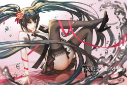 Rule 34 | 1girl, absurdres, arm support, black soldier, character name, floating hair, flower, garter straps, hair flower, hair ornament, hatsune miku, high heels, highres, lace, lace-trimmed legwear, lace trim, long hair, microphone, microphone stand, necktie, shoe dangle, sitting, skirt, solo, thighhighs, twintails, very long hair, vocaloid