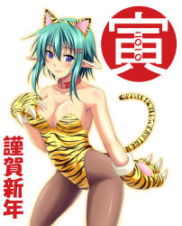 Rule 34 | 10s, 2010, animal ears, animal hands, animal print, blue eyes, collar, fang, gloves, green hair, hair ornament, hairclip, kittysuit, nengajou, new year, nontraditional playboy bunny, original, pantyhose, paw gloves, pointy ears, solo, surume (clavis), surume (pixiv7558), tail, tiger ears, tiger print, tiger tail