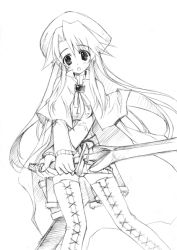 Rule 34 | 1girl, :o, aty, aty (summon night), belt, blush, boots, brooch, cape, cross-laced footwear, dress, greyscale, hat, holding, holding sword, holding weapon, jewelry, long hair, looking at viewer, miniskirt, monochrome, open mouth, panties, short dress, sketch, skirt, solo, summon night, summon night 3, sword, thigh boots, thighhighs, traditional media, underwear, weapon, yuuki hagure, zettai ryouiki