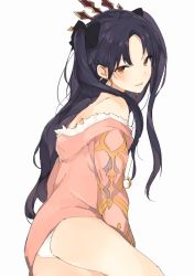 Rule 34 | 1girl, black hair, earrings, fate/grand order, fate (series), fur trim, hair ornament, hair ribbon, hood, hooded jacket, ishtar (fate), ishtar (fate), jacket, jewelry, lpip, red eyes, ribbon, smile, solo, tohsaka rin, twintails, two side up, white background