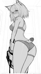 Rule 34 | absurdres, animal ear fluff, animal ears, arknights, ass, blush, bra, cat ears, cat tail, commentary, dressing, green eyes, greyscale, highres, kal&#039;tsit (arknights), looking at viewer, material growth, monochrome, oripathy lesion (arknights), panties, sally (luna-arts), short tail, spot color, tail, underwear, white background