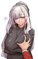 Rule 34 | 1boy, 1girl, 2poet, ak-12 (girls&#039; frontline), black shirt, blush, crossed arms, girls&#039; frontline, grey hair, griffin &amp; kryuger military uniform, hand on another&#039;s chest, heart, highres, korean commentary, long hair, long sleeves, looking at viewer, one eye closed, open mouth, parted lips, ponytail, purple eyes, shirt, smile, sweatdrop, upper body, white background