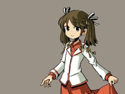 Rule 34 | 1girl, alternate hairstyle, blouse, brown eyes, brown hair, grey background, hair ribbon, hiyou (kancolle), japanese clothes, kantai collection, magatama, ribbon, shirt, simple background, sixten, skirt hold, smile, solo, twintails, upper body