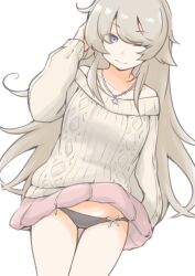 Rule 34 | 1girl, ahoge, akara kai, alternate costume, bare shoulders, black panties, blush, breasts, collarbone, grey eyes, grey hair, highres, jewelry, kantai collection, large breasts, long hair, long sleeves, looking at viewer, necklace, one eye closed, panties, pink skirt, ribbed sweater, skirt, smile, solo, star (symbol), sweater, underwear, washington (kancolle), white background