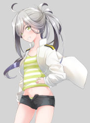 Rule 34 | 10s, 1girl, ahoge, arm at side, asashimo (kancolle), black shorts, breasts, comah, cowboy shot, gradient hair, green eyes, grey hair, grin, hair over one eye, hand on own hip, kantai collection, long hair, long sleeves, looking at viewer, midriff, multicolored hair, navel, ponytail, purple hair, shirt, shorts, small breasts, smile, solo, striped clothes, striped shirt, unbuttoned
