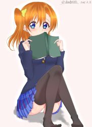 Rule 34 | 10s, 1girl, bad id, bad twitter id, blazer, blue eyes, book, bow, covering own mouth, dated, hair bow, highres, jacket, kosaka honoka, looking at viewer, love live!, love live! school idol project, mocchi (shooter1016), orange hair, panties, pantyshot, pleated skirt, school uniform, side ponytail, sitting, skirt, smile, solo, thighhighs, twitter username, underwear, white panties