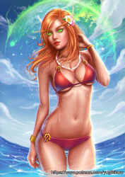 Rule 34 | 1girl, bikini, blonde hair, blood elf (warcraft), bracelet, breasts, cleavage, colored sclera, flower, glowing, glowing eyes, green eyes, green sclera, hair flower, hair ornament, jewelry, lipstick, looking at viewer, magic, makeup, medium breasts, medium hair, navel, ocean, partially submerged, pointy ears, red lips, solo, standing, swimsuit, thigh gap, wading, warcraft, water, watermark, web address, world of warcraft, yagi hikaru