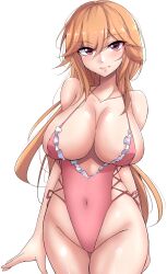 Rule 34 | 1girl, absurdres, azur lane, breasts, brown hair, cleavage, collarbone, covered navel, highres, large breasts, long hair, looking at viewer, mistynight, navel, one-piece swimsuit, pink eyes, richelieu (azur lane), simple background, standing, swimsuit, white background