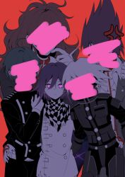 Rule 34 | 5boys, ahoge, anger vein, armor, black jacket, black pants, brown hair, buttons, censored, checkered clothes, checkered neckwear, checkered scarf, collar, collarbone, commentary request, danganronpa (series), danganronpa v3: killing harmony, double-breasted, finger to own chin, gokuhara gonta, green hair, grey hair, grey jacket, hair up, hand on another&#039;s hip, hand up, jacket, k1-b0, leash, long hair, looking at viewer, male focus, messy hair, momota kaito, multiple boys, oma kokichi, pants, power armor, purple hair, qiao xing, red background, red collar, saihara shuichi, scarf, shirt, simple background, space print, starry sky print, white shirt