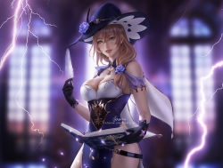 Rule 34 | 1girl, book, feathers, genshin impact, hat, holding, holding feather, lightning, lisa (genshin impact), wickellia, witch hat