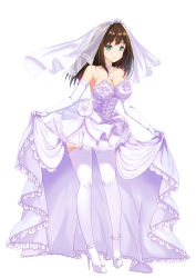 Rule 34 | 1girl, absurdres, breasts, bridal veil, brown hair, choker, cleavage, collarbone, dress, elbow gloves, full body, garter straps, gloves, high heels, highres, idolmaster, idolmaster cinderella girls, large breasts, leaning forward, long hair, pleated dress, pumps, shailiar, shibuya rin, shoes, short dress, simple background, skirt hold, sleeveless, sleeveless dress, solo, standing, stiletto heels, striped clothes, striped dress, thighhighs, veil, wedding dress, white background, white dress, white footwear, white gloves, white thighhighs