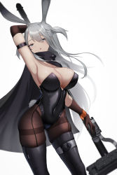 Rule 34 | 1girl, :q, animal ears, arknights, arm strap, arm up, armpits, black leotard, black thighhighs, breasts, brown gloves, brown pantyhose, cleavage, commentary, covered navel, cowboy shot, gloves, grey eyes, grey hair, groin, hammer, highres, holding, holding hammer, holding weapon, large breasts, leotard, lodbyy, long hair, looking at viewer, pantyhose, rabbit ears, rabbit tail, savage (arknights), simple background, skindentation, smile, solo, standing, strapless, strapless leotard, tail, thighband pantyhose, thighhighs, thighhighs over pantyhose, tongue, tongue out, two side up, very long hair, weapon, white background, wrist cuffs