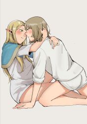 Rule 34 | 2girls, absurdres, arms around neck, bare legs, blonde hair, blue capelet, blush, brown hair, capelet, commentary request, dungeon meshi, ear blush, elf, eye contact, falin touden, falin touden (tallman), green eyes, grey background, highres, imminent kiss, kneeling, long hair, looking at another, marcille donato, multiple girls, parted lips, pointy ears, r bishh, shirt, short hair, shorts, simple background, sitting, sleeves rolled up, smile, white shirt, white shorts, yuri
