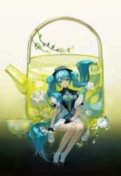 Rule 34 | 1girl, absurdres, blue hair, clothing cutout, commentary, cup, dress, flower, flower in drink, full body, gloves, green eyes, hair rings, hand on lap, hat, hatsune miku, highres, invisible chair, jasmine (flower), kikihuihui, long hair, looking at viewer, miku with you (vocaloid), plant, short sleeves, sitting, smile, socks, solo, tea, teacup, teapot, twintails, very long hair, vocaloid, white flower
