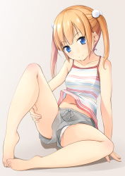 Rule 34 | 1girl, bare legs, bare shoulders, barefoot, beige background, blonde hair, blue eyes, blush, breasts, closed mouth, collarbone, commentary request, feet, feet together, full body, grey shorts, hair bobbles, hair ornament, hand on own leg, highres, knee up, knees apart feet together, long hair, looking at viewer, midriff peek, navel, original, panties, panty peek, pantyshot, shadow, shibacha (shibacha 0728), shirt, short shorts, shorts, sidelocks, simple background, sitting, sleeveless, sleeveless shirt, small breasts, smile, solo, spread legs, striped clothes, striped shirt, tank top, toes, twintails, underwear, upshorts, white panties, white shirt