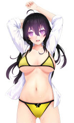 Rule 34 | 1girl, ahoge, arm up, bad id, bad pixiv id, beifeng han, bikini, black hair, blouse, breasts, cleavage, collarbone, glowing, glowing eyes, highres, large breasts, long hair, looking at viewer, miyaura sanshio, navel, open clothes, open mouth, open shirt, original, purple eyes, revision, shirt, solo, stomach, swimsuit, underboob, white shirt, yellow bikini