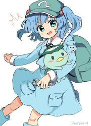 Rule 34 | 1girl, ?, backpack, bag, blue eyes, blue footwear, blue hair, blue shirt, blue skirt, blush, boots, collared shirt, feet out of frame, flat cap, green hat, hair bobbles, hair ornament, hat, highres, holding, holding wrench, kappa, kawashiro nitori, long sleeves, looking at viewer, open mouth, ramudia (lamyun), shirt, short hair, simple background, skirt, solo, touhou, traditional youkai, twitter username, two side up, white background, wrench