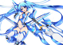 Rule 34 | 1girl, :d, :o, aiming, aiming at viewer, armor, bad id, bad pixiv id, bare shoulders, black gloves, blue eyes, blue hair, blush, bodysuit, bracelet, breasts, cleavage cutout, clothing cutout, faulds, floating hair, foreshortening, from side, gauntlets, gloves, greaves, groin, hair between eyes, head tilt, headgear, highres, jewelry, leotard, magical girl, matching hair/eyes, minamon (vittel221), navel, navel cutout, neon trim, open mouth, ore twintail ni narimasu, outstretched arm, polearm, revealing clothes, shadow, simple background, small breasts, smile, solo, spear, tailblue, thighhighs, trident, tsube aika, twintails, vambraces, weapon, white background, white thighhighs