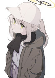 Rule 34 | 1girl, black scarf, blue archive, blush, closed mouth, cowboy shot, green eyes, grey hair, grey jacket, halo, hare (blue archive), hare (camp) (blue archive), hat, highres, jacket, long hair, long sleeves, official alternate costume, ponytail, scarf, simple background, solo, tetuw, white background, white hat