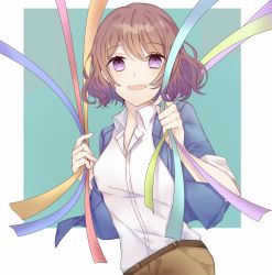 Rule 34 | 1girl, absurdres, bad id, bad pixiv id, blue background, blush, brown hair, brown pants, highres, izumi rei (stand my heroes), looking at viewer, open mouth, pants, purple eyes, shirt, short hair, short sleeves, simple background, solo, stand my heroes, standing, streamers, white shirt