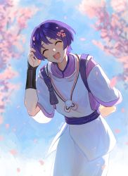 Rule 34 | 1boy, arm armor, arm behind back, artist name, belt, blue sky, blurry, blurry background, blush, bow, cherry blossoms, closed eyes, commentary request, flower, genshin impact, grey shirt, hair between eyes, hair flower, hair ornament, hand on own head, hand up, highres, mandarin collar, open mouth, outdoors, petals, pink flower, pom pom (clothes), purple belt, purple bow, purple hair, purple shirt, scaramouche (genshin impact), scaramouche (kabukimono) (genshin impact), shirt, short hair, sky, smile, solo, standing, teeth, tongue, tree, x0 4n