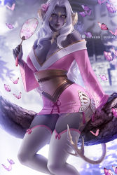 Rule 34 | 1girl, au ra, warrior of light (ff14), bare shoulders, black skin, blurry, blurry background, breasts, bug, butterfly, cleavage, colored skin, dragon horns, dragon tail, final fantasy, final fantasy xiv, flower, hair flower, hair ornament, hand fan, horns, insect, japanese clothes, kimono, large breasts, lips, long hair, looking at viewer, obi, off shoulder, olchas, parted lips, red eyes, sash, scales, sitting, skindentation, solo, tail, thighhighs, white hair, white thighhighs, yukata