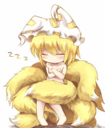 Rule 34 | 1girl, animal ears, blonde hair, blush, chibi, closed eyes, convenient censoring, covering privates, covering breasts, covering crotch, fox ears, fox tail, hat, highres, kokuneko (graycat06), mob cap, multiple tails, nude, short hair, simple background, sleeping, solo, tail, tail censor, touhou, white background, yakumo ran, zzz