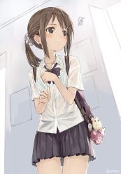 Rule 34 | 1girl, aihama chika, amagai tarou, bag, bag charm, blush, bra, breasts, brown eyes, brown hair, charm (object), commentary, cowboy shot, dress shirt, hair ornament, hairclip, long hair, looking to the side, original, ponytail, school bag, school uniform, scrunchie, see-through, shirt, small breasts, solo, squiggle, twitter username, underwear, wet, wet clothes, wet shirt