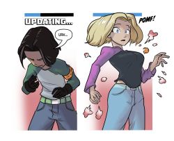 Rule 34 | 10s, 1boy, 1girl, android, android 17, android 18, armband, belt, black gloves, black hair, blonde hair, blue eyes, breast expansion, breasts, brother and sister, denim, dragon ball, dragon ball super, dragonball z, english text, gloves, ian samson, jeans, large breasts, long sleeves, pants, progress bar, raglan sleeves, siblings, surprised, toon (style)