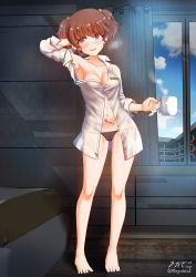 Rule 34 | 1girl, alisa (girls und panzer), arm behind head, arm up, artist name, barefoot, black panties, window blinds, blush, body freckles, body writing, breasts, brown eyes, brown hair, cleavage, coffee mug, commentary, cup, dress shirt, freckles, girls und panzer, hair ornament, highres, holding, holding cup, indoors, long sleeves, looking at viewer, medium breasts, megadeko, mug, navel, no bra, no pants, open mouth, panties, partially unbuttoned, shirt, short hair, short twintails, signature, smile, solo, standing, star (symbol), star hair ornament, steam, string panties, twintails, twitter username, underwear, white shirt, window