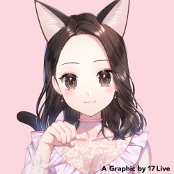 Rule 34 | 1girl, :3, animal ear fluff, animal ears, blush, breasts, brown eyes, brown hair, cat ears, cat girl, cat tail, cleavage, closed mouth, collarbone, copyright request, earrings, forehead, hand up, jewelry, long hair, long sleeves, medium breasts, momoshiki tsubaki, official art, parted bangs, paw pose, pink background, puffy long sleeves, puffy sleeves, purple shirt, see-through, see-through sleeves, shirt, simple background, solo, tail, tail raised, upper body