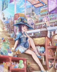 Rule 34 | 6+girls, :d, animal, animal ears, bare arms, bare shoulders, birdcage, black hair, blue bow, blue capelet, blue flower, blue footwear, blue hair, blue headwear, blue rose, blue skirt, book, bookshelf, bow, breasts, cage, capelet, cat, cat ears, cat girl, cat tail, cauldron, closed mouth, cube, day, dress, ears through headwear, fairy, fairy wings, fish, flower, frilled skirt, frills, green dress, green hair, hair bow, hair ornament, hairclip, harp, hat, instrument, kinom (sculpturesky), knee up, long hair, magic circle, mini person, minigirl, multiple girls, open mouth, original, pillar, pink hair, purple eyes, red bow, red flower, red rose, rose, shirt, shoes, sign, sitting, sitting on stairs, skirt, sleeveless, sleeveless dress, small breasts, smile, stairs, standing, tail, translation request, transparent wings, twintails, vase, very long hair, white flower, white rose, white shirt, white skirt, white wings, wings, witch hat, yellow flower, yellow rose