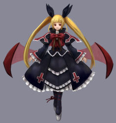 Rule 34 | 1girl, azami, bad id, bad pixiv id, bat (animal), bat wings, blazblue, blonde hair, bow, dress, frills, full body, highres, lolita fashion, long hair, looking at viewer, rachel alucard, red eyes, ribbon, simple background, smile, solo, standing, twintails, very long hair, wings