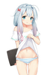 Rule 34 | 10s, 1girl, aliter, aqua eyes, bare shoulders, blue hair, blush, bow, closed mouth, clothes lift, eromanga sensei, hair bow, highres, izumi sagiri, lifted by self, long hair, looking at viewer, navel, off shoulder, panties, shirt, shirt lift, simple background, solo, striped clothes, striped panties, t-shirt, tablet pc, underwear, wavy mouth, white background
