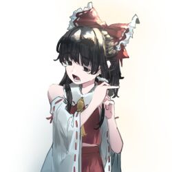 Rule 34 | 1girl, adjusting hair ornament, ascot, bare shoulders, black eyes, black hair, bow, collared shirt, cowboy shot, dauchimk 1, detached sleeves, frilled bow, frilled hair tubes, frilled shirt collar, frills, hair bow, hair tubes, hakurei reimu, large bow, lower teeth only, medium hair, open mouth, red bow, red ribbon, red shirt, red skirt, ribbon, ribbon-trimmed sleeves, ribbon trim, shirt, simple background, skirt, sleeveless, sleeveless shirt, teeth, touhou, white background, wide sleeves, yellow ascot