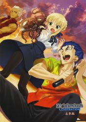 Rule 34 | 1girl, 2boys, ahoge, archer (fate), artoria pendragon (all), artoria pendragon (fate), blonde hair, blue hair, casual, cloud, cu chulainn (fate), cu chulainn (fate/stay night), dress, earrings, fate/hollow ataraxia, fate/stay night, fate (series), fishing rod, green eyes, hair ribbon, highres, jewelry, multiple boys, octopus, official alternate costume, pantyhose, red eyes, ribbon, saber (fate), skirt, sky, surprised, white hair, youta
