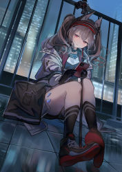 Rule 34 | 1girl, absurdres, angelina (arknights), animal ears, arknights, bag, black bag, black collar, black footwear, black gloves, black shirt, black shorts, black socks, blush, brown hair, building, cellphone, collar, duffel bag, dutch angle, earpiece, fox ears, gloves, hairband, highres, holding, holding phone, infection monitor (arknights), jacket, long hair, material growth, natsuba002, night, open clothes, open jacket, oripathy lesion (arknights), outdoors, parted lips, phone, railing, red eyes, red footwear, red hair, shirt, shoes, shorts, sitting, skyscraper, smartphone, socks, solo, striped clothes, striped hairband, thighs, tile floor, tiles, twintails, two-tone footwear, white jacket