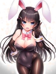 Rule 34 | 1girl, animal ears, bare shoulders, black gloves, black hair, black leotard, blue eyes, blush, bow, bowtie, breasts, cleavage, covered navel, detached collar, doyouwantto, elbow gloves, fake animal ears, gloves, hair ornament, hairclip, hand on own hip, highres, large breasts, leotard, long hair, looking at viewer, nijisanji, open mouth, pantyhose, playboy bunny, rabbit ears, rabbit tail, solo, strapless, strapless leotard, tail, tsukino mito, virtual youtuber, wrist cuffs