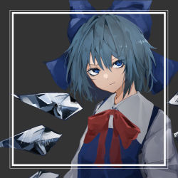 Rule 34 | 1girl, absurdres, blue bow, blue dress, blue eyes, blue hair, border, bow, cirno, collared shirt, dress, eyes visible through hair, frown, grey background, hair bow, highres, hisha (kan moko), ice, ice wings, long sleeves, looking to the side, neck ribbon, red ribbon, ribbon, shirt, short hair, sidelocks, simple background, solo, touhou, tsurime, upper body, white border, white shirt, wing collar, wings