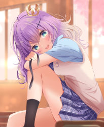 Rule 34 | 1girl, :d, azur lane, azur lane: slow ahead, black socks, blue eyes, blue shirt, blush, breasts, commentary request, cross hair ornament, crossed arms, crown, hair ornament, head rest, indoors, javelin (azur lane), javelin (slow ahead!) (azur lane), leg up, long hair, looking at viewer, medium breasts, mini crown, official alternate costume, open mouth, plaid, plaid skirt, pleated skirt, purple hair, purple skirt, sakura (ichisakupink), school uniform, shirt, short sleeves, sitting, skirt, smile, socks, solo, sweater vest, white sweater vest